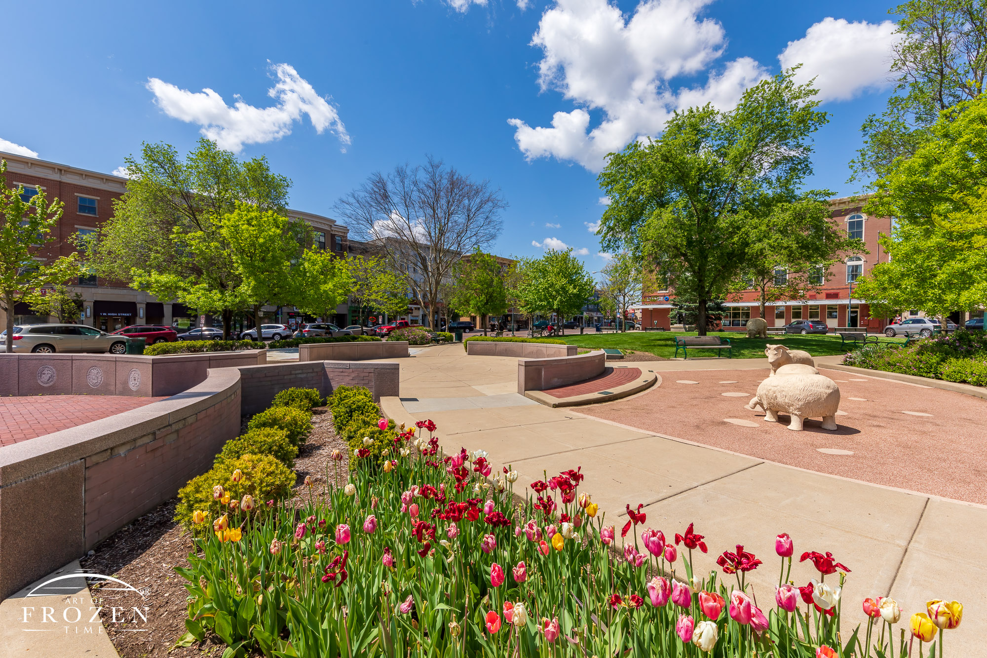 Tulip-filled flower beds leads the eye towards the center of Doctor Martin Luther King Jr Park under sunny skies over Oxford, Ohio