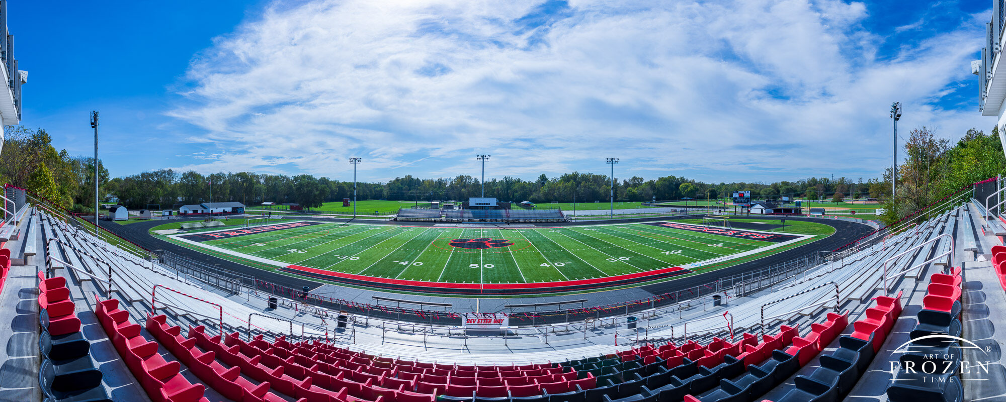 A panorama view of Wildcat Staduim in Franklin Ohio captures from the top bleacher on the fifty yard line.