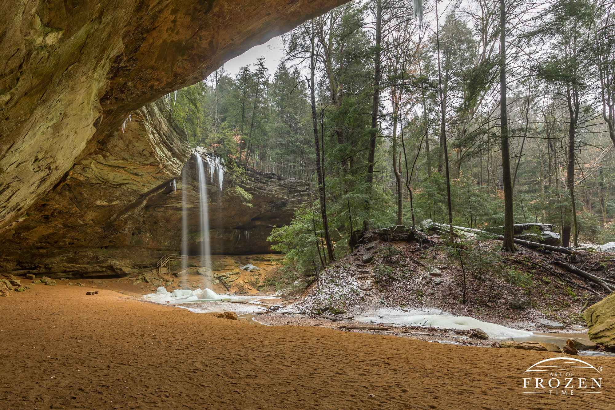 The green hemlocks contrast with the yellow walls of Ash Cave as cold temperatures create ice formations from a creek flowing from over the top of the recessed cave.