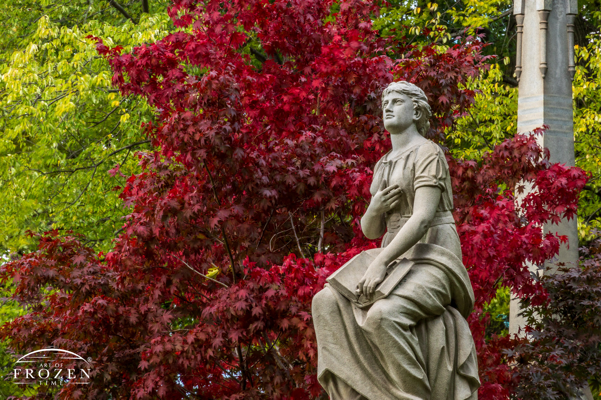 A stone sculpture of a human figure holding an open book while looking skyward as the surrounding trees take on their fall colors.