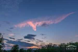 A cirrus clouds which takes on the outline of an albatross gracefully flying through the twilight sky.