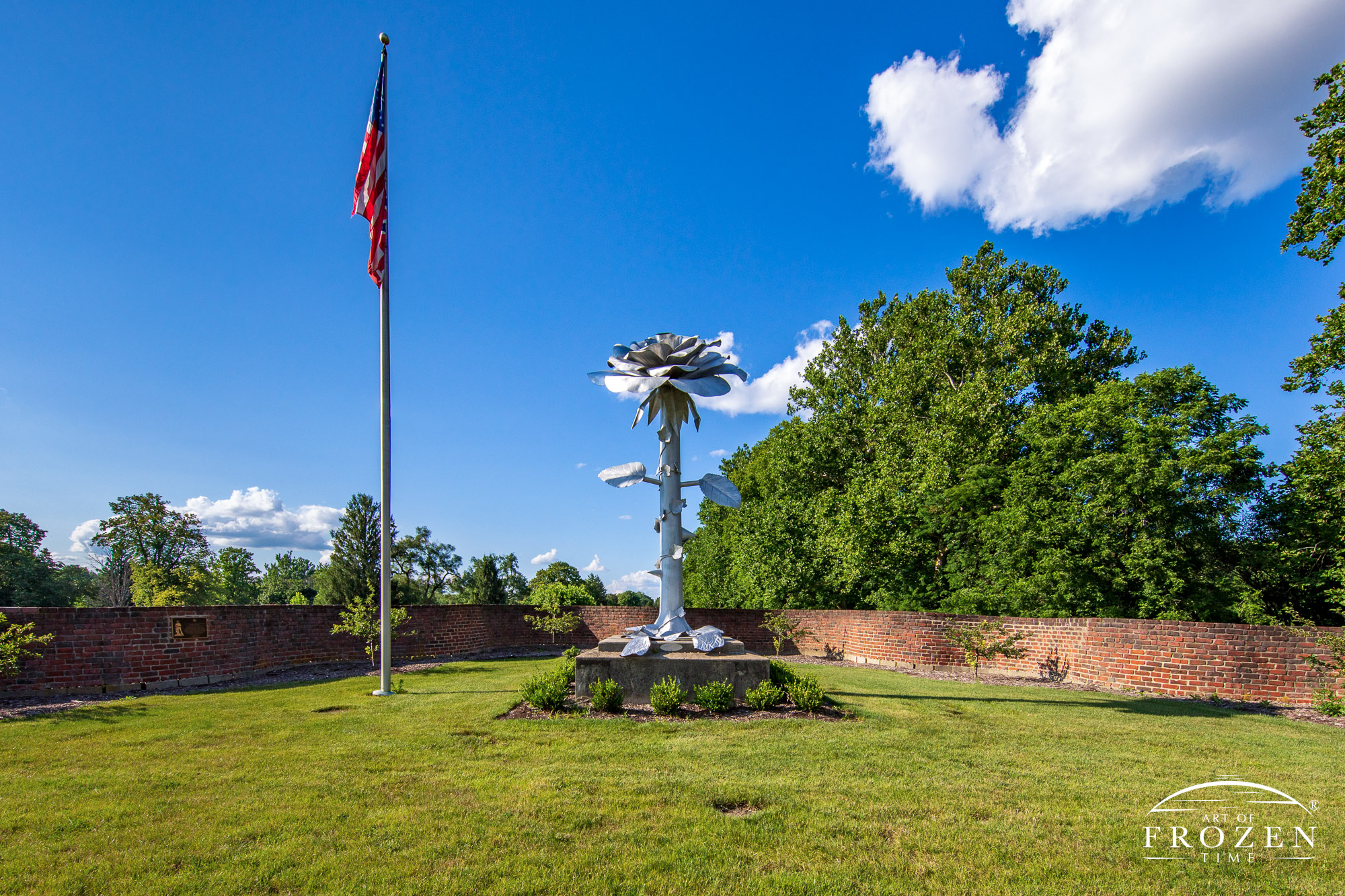 A fifteen-foot aluminum sculpture of a rose standing at the entrance of Snyder Park, that celebrates Springfield, Ohio’s nickname.