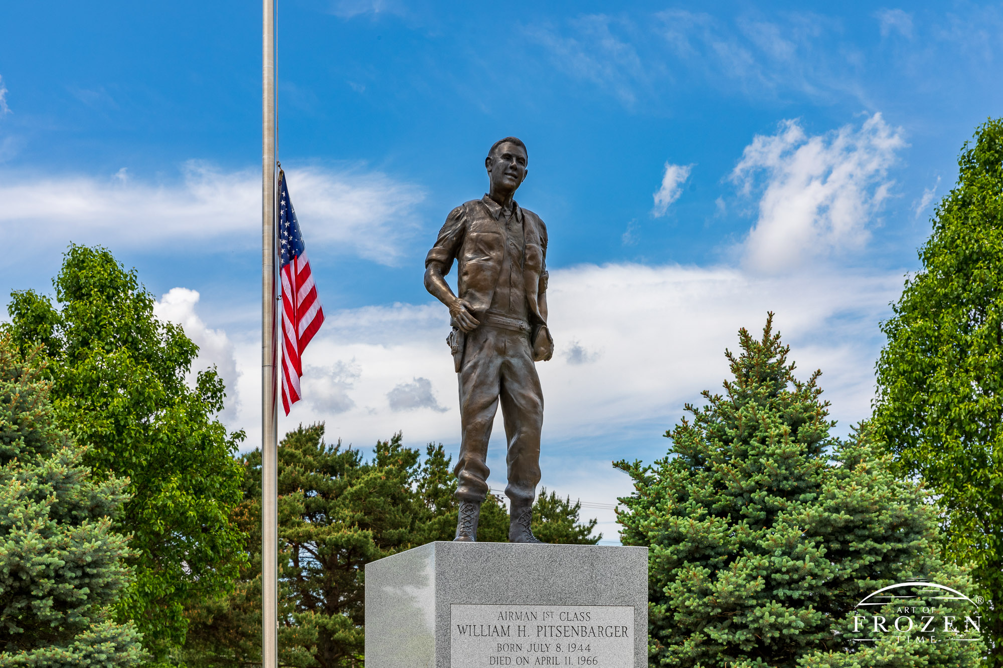 Life-sized sculpture of William H. Pitsenbarger in Piqua Ohio sports park named after him