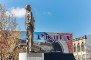Sculpture of Dominic Gentile, WWII Fighter Ace and local hero, as it stands in the center of Piqua Ohio