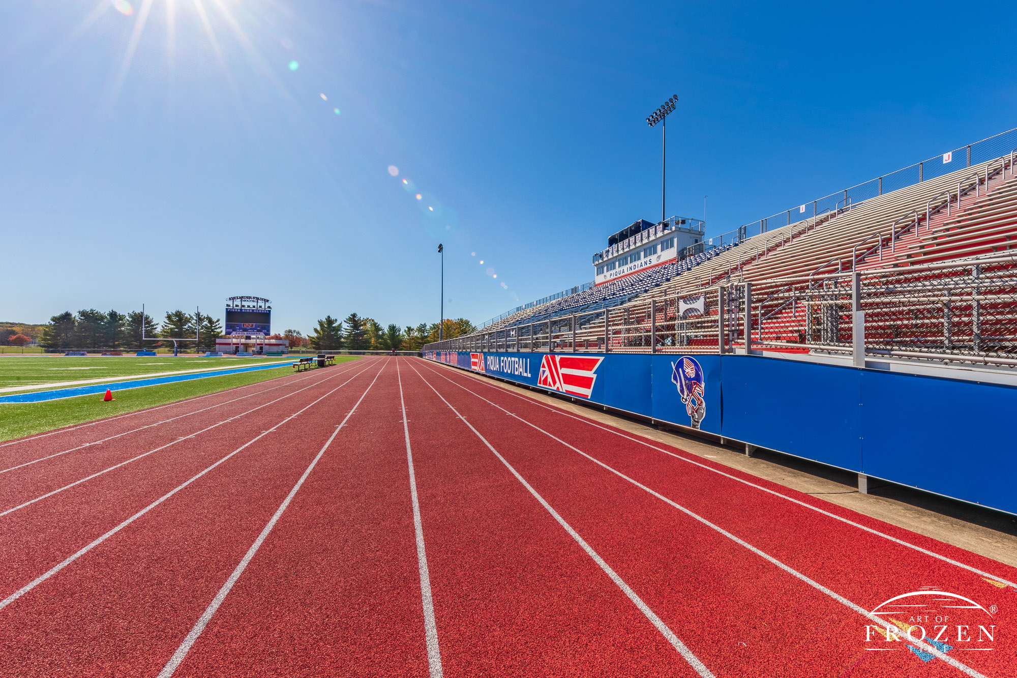 The Piqua Ohio High School Stadium is an impressive facility with AstroTurf which displays bright red and blue colors under clear blue Miami County Ohio skies