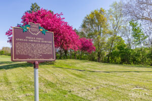 An Ohio Historical Mark which celebrates Piqua Ohio’s African-American Heritage with colorful pink trees in the background on this sunny spring day.