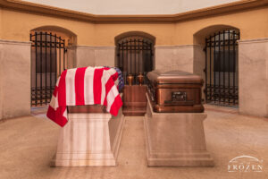 The lower chamber of the James Garfield Memorial where the President and his wife are interred in above the ground caskets