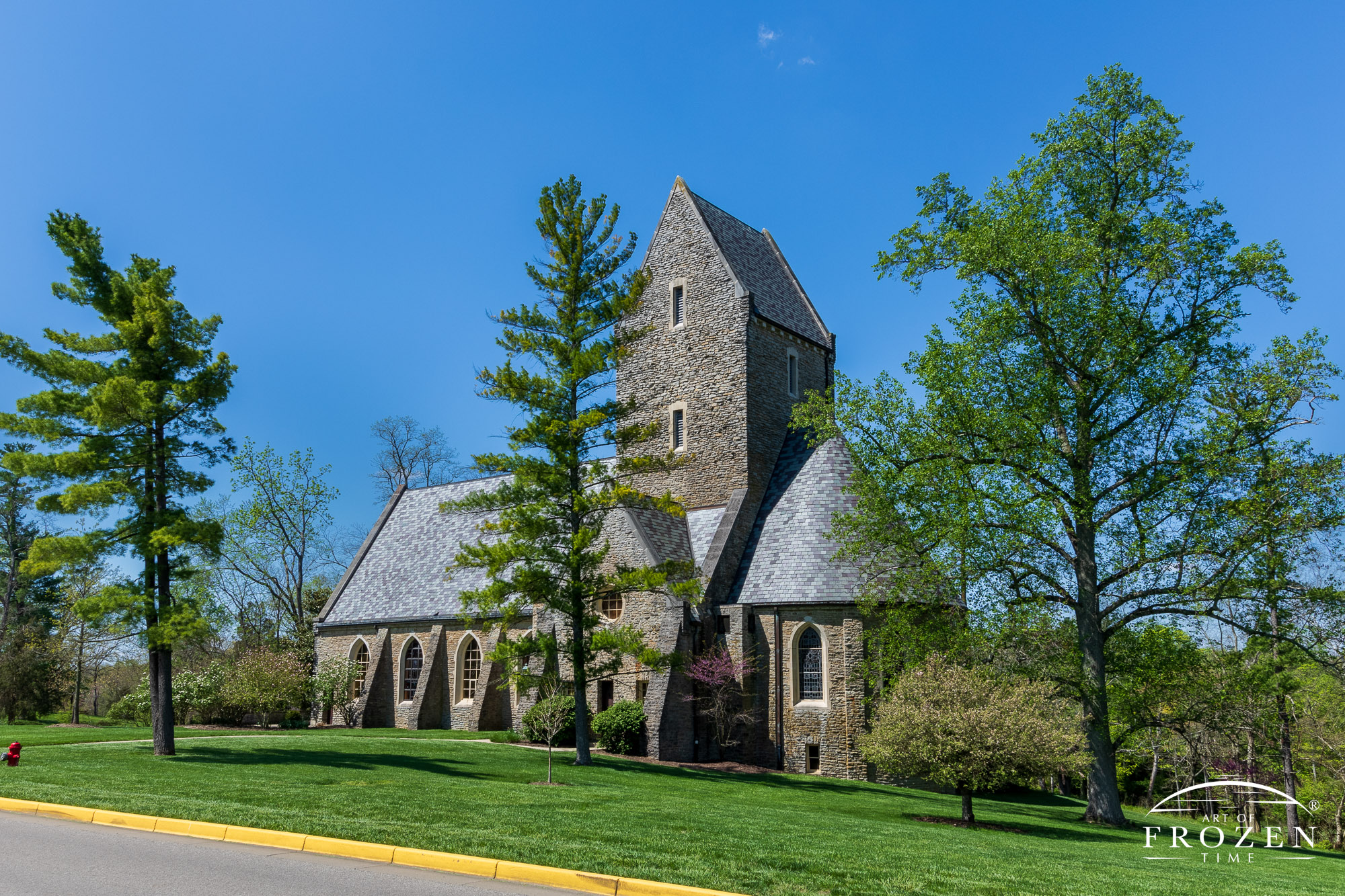 A stone chapel on Miami University built in Transitional Gothic Style architecture.