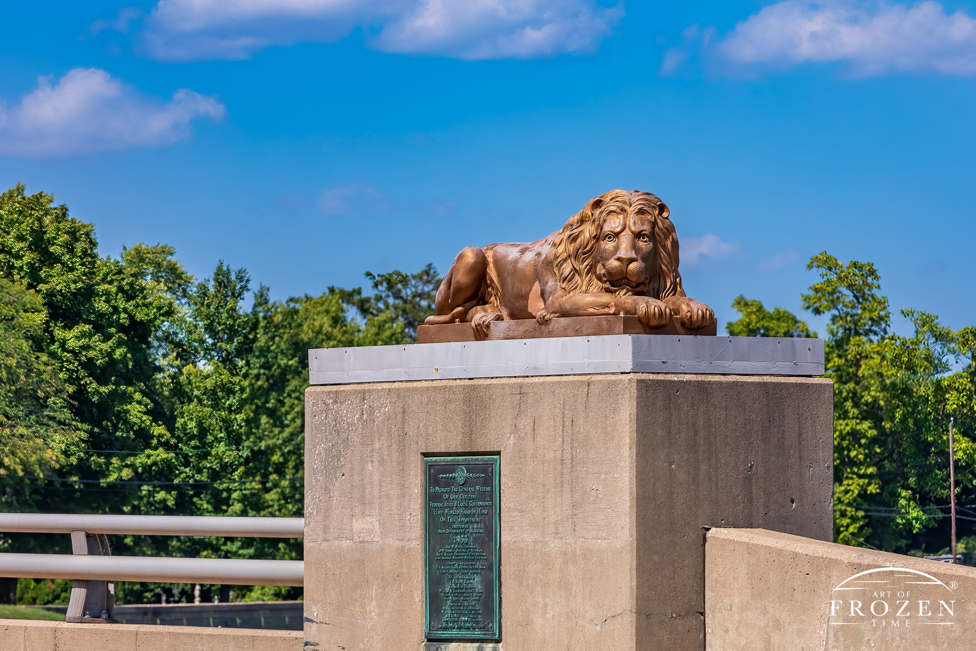 Cast iron lion from 1873 guards a local bridge in Franklin Ohio
