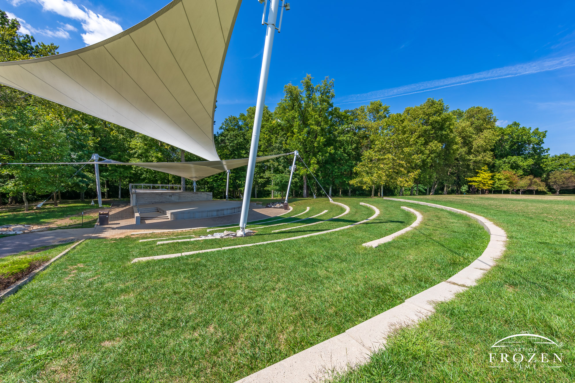 The outdoor amphitheater at Springboro's North Park where solar sails provide a shady spot on this summer day