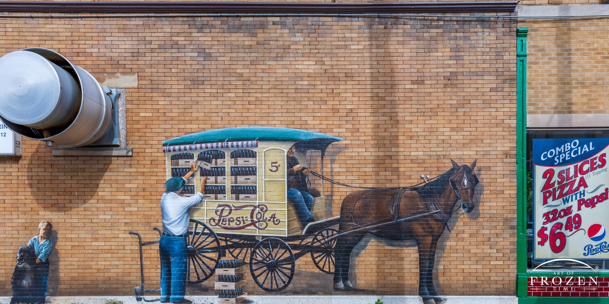 A mural of Pepsi salesman unloading his horse-drawn delivery wagon of bottle Pepsi