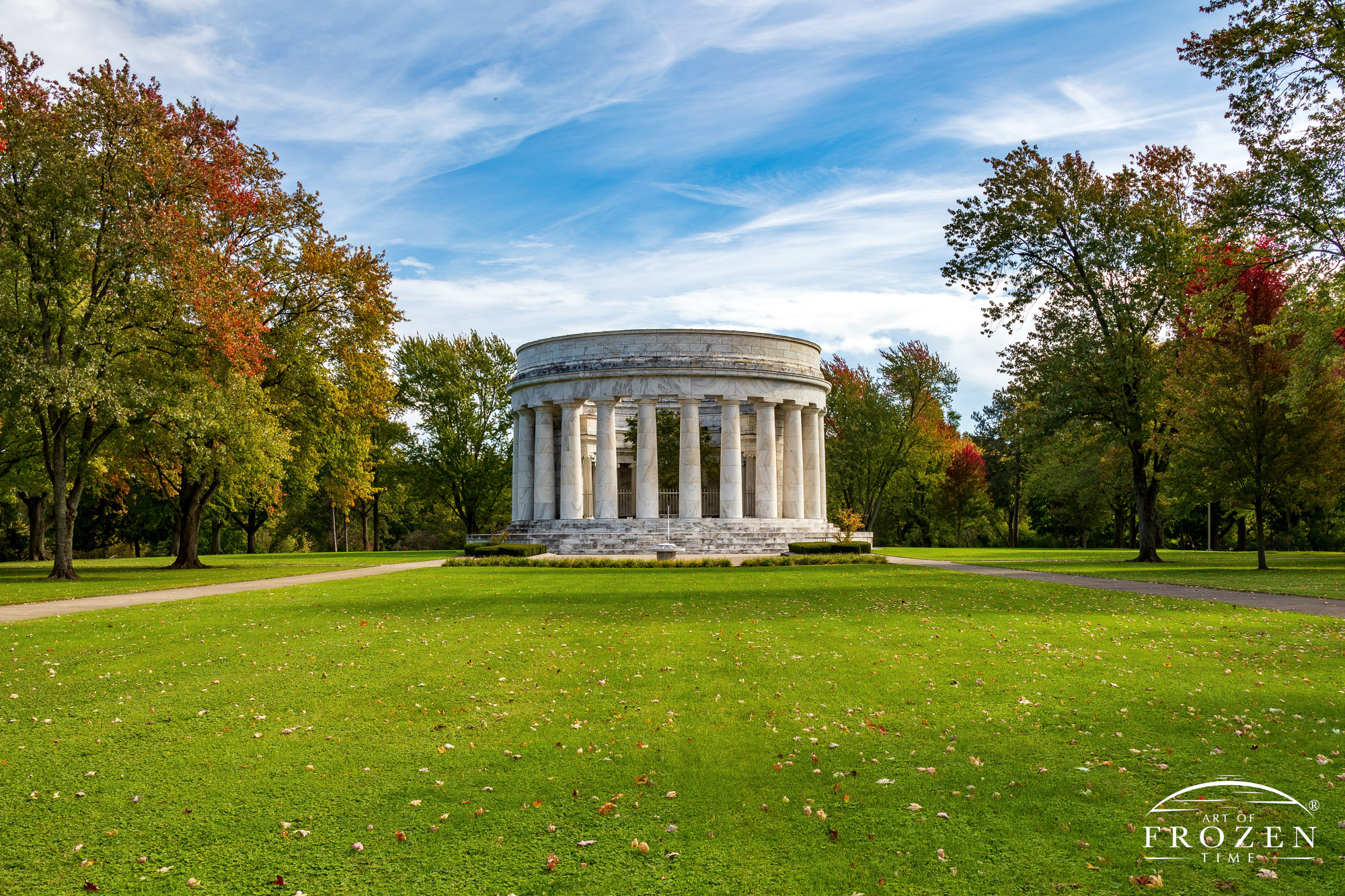 President Warren Harding Memorial on an early fall day which shows its Greek architecture and doric columns