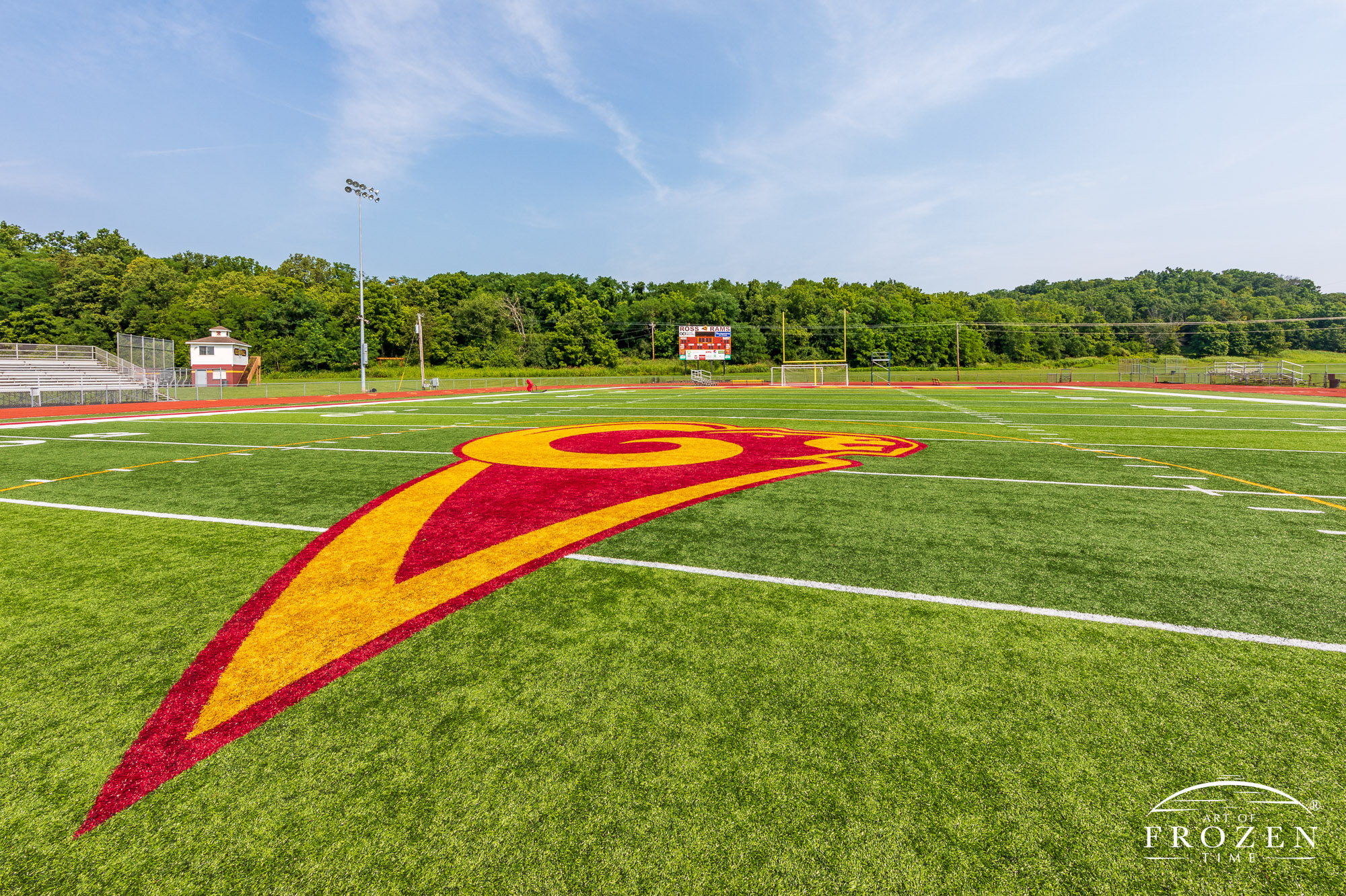 Wide-angle view of the football field mascot of Ross High School stadium in Butler County Ohio