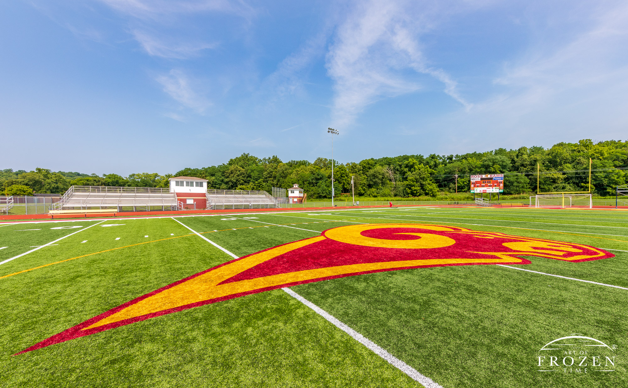 Wide-angle view of the football field mascot of Ross High School stadium in Butler County Ohio