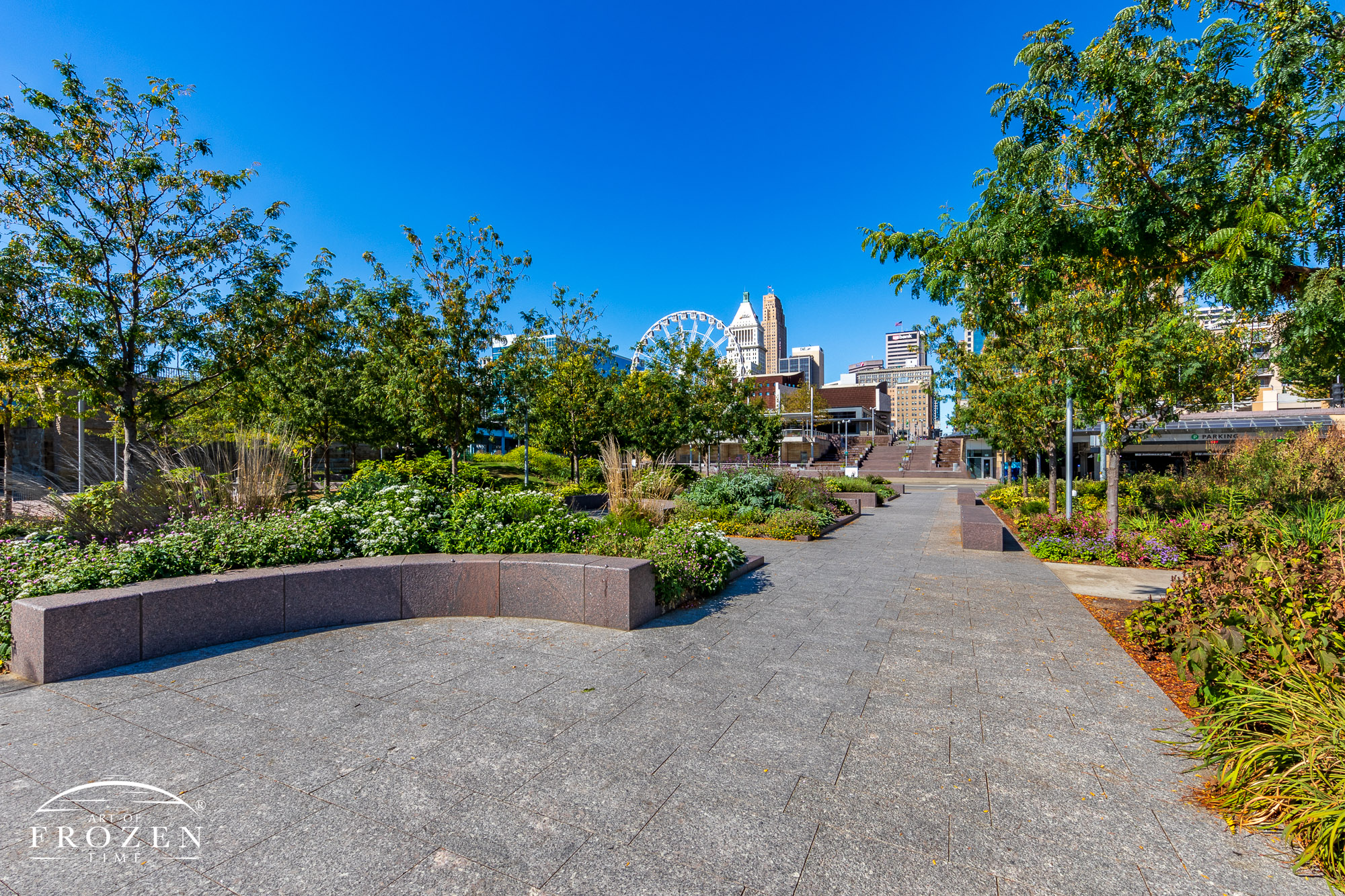 The Smale Riverfront Gardens which entails a garden filled plaza between the Cincy skyline and the Ohio River