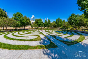 The Smale Riverfront Park Labyrinth geometric design offers a form of moving meditation under clear blue Cincinnati skies