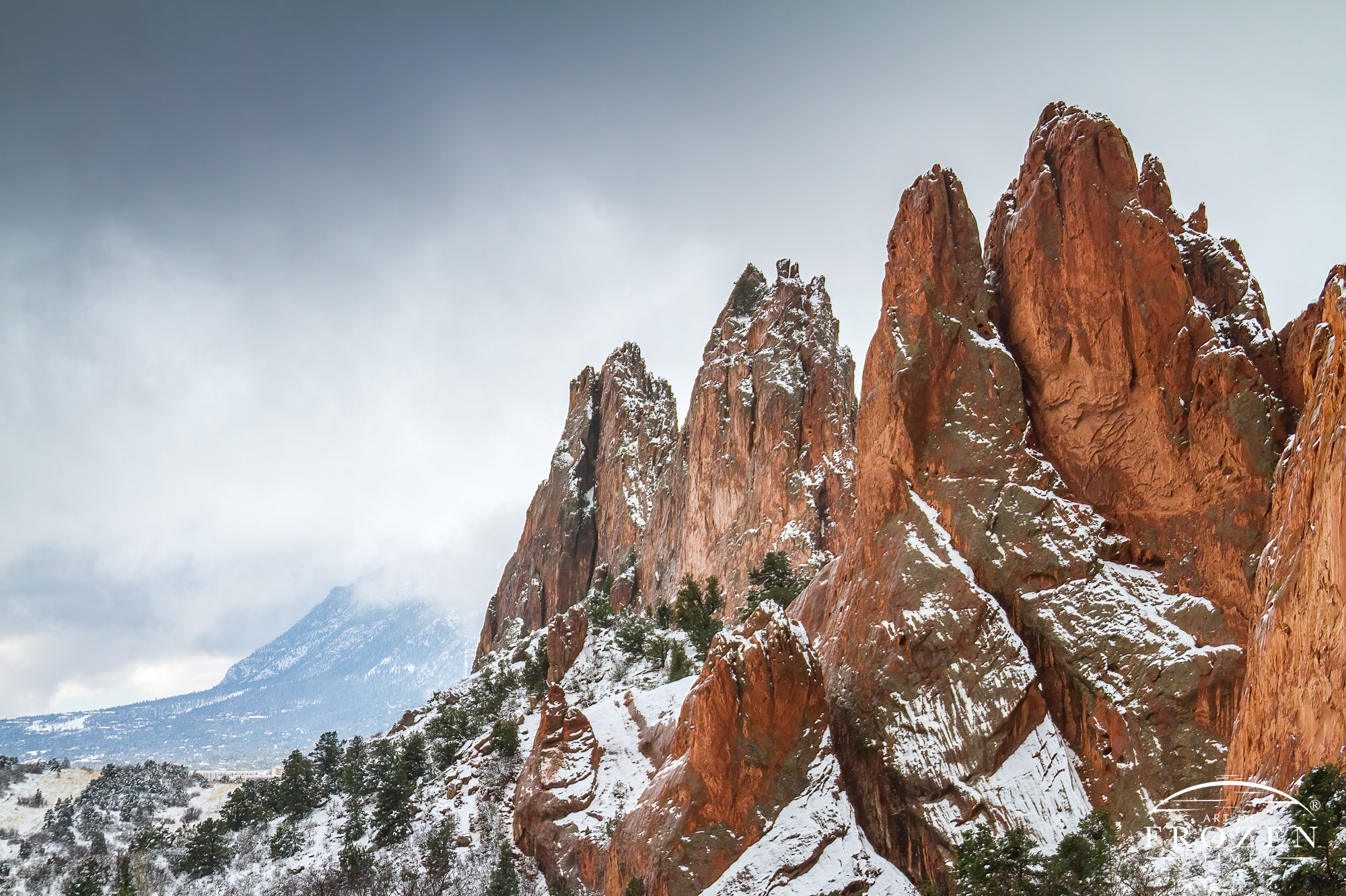 During a snowstorm featuring thundersnow, the red sandstone layers of Garden of the Gods were covered in a blanket of snow