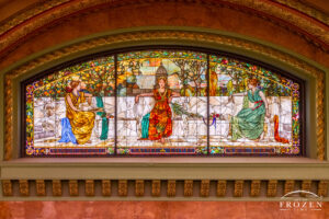A stained glass window in Union Station which features San Francisco, St Louis and New York.