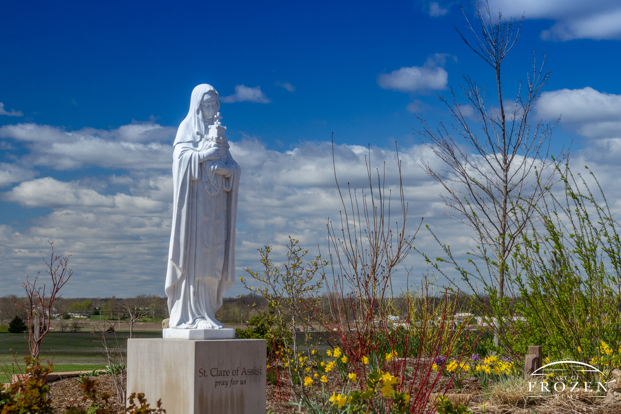 A pure white marble statue of St. Clare of Assisi standing in a garden outside St. Clare of Assisi Catholic Church, O’Fallon, Illinois on a pretty day with white puffy clouds and blue skies