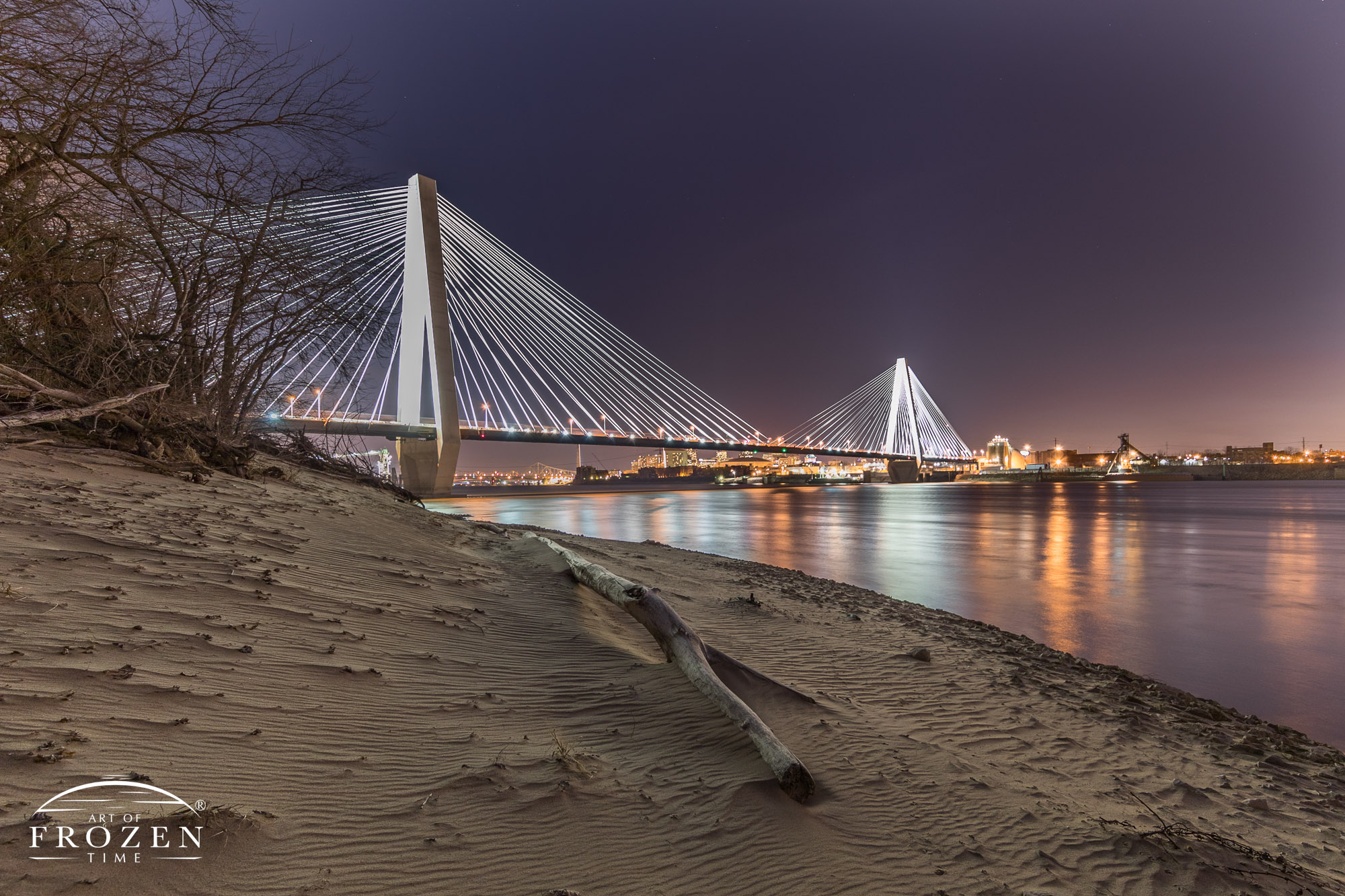 A nightscape of St Louis’s iconic cable-stayed bridge which crosses the Mississippi River