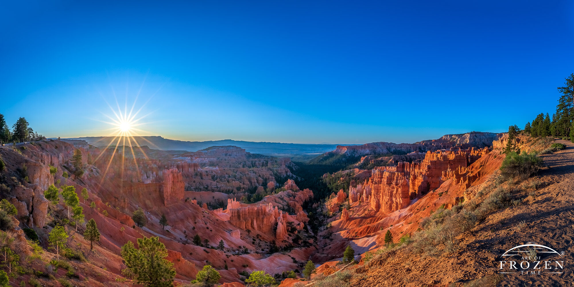 Bryce Canyon National Park Panorama at sunrise where warm light washes over the orange-colored sandstone hoodoos