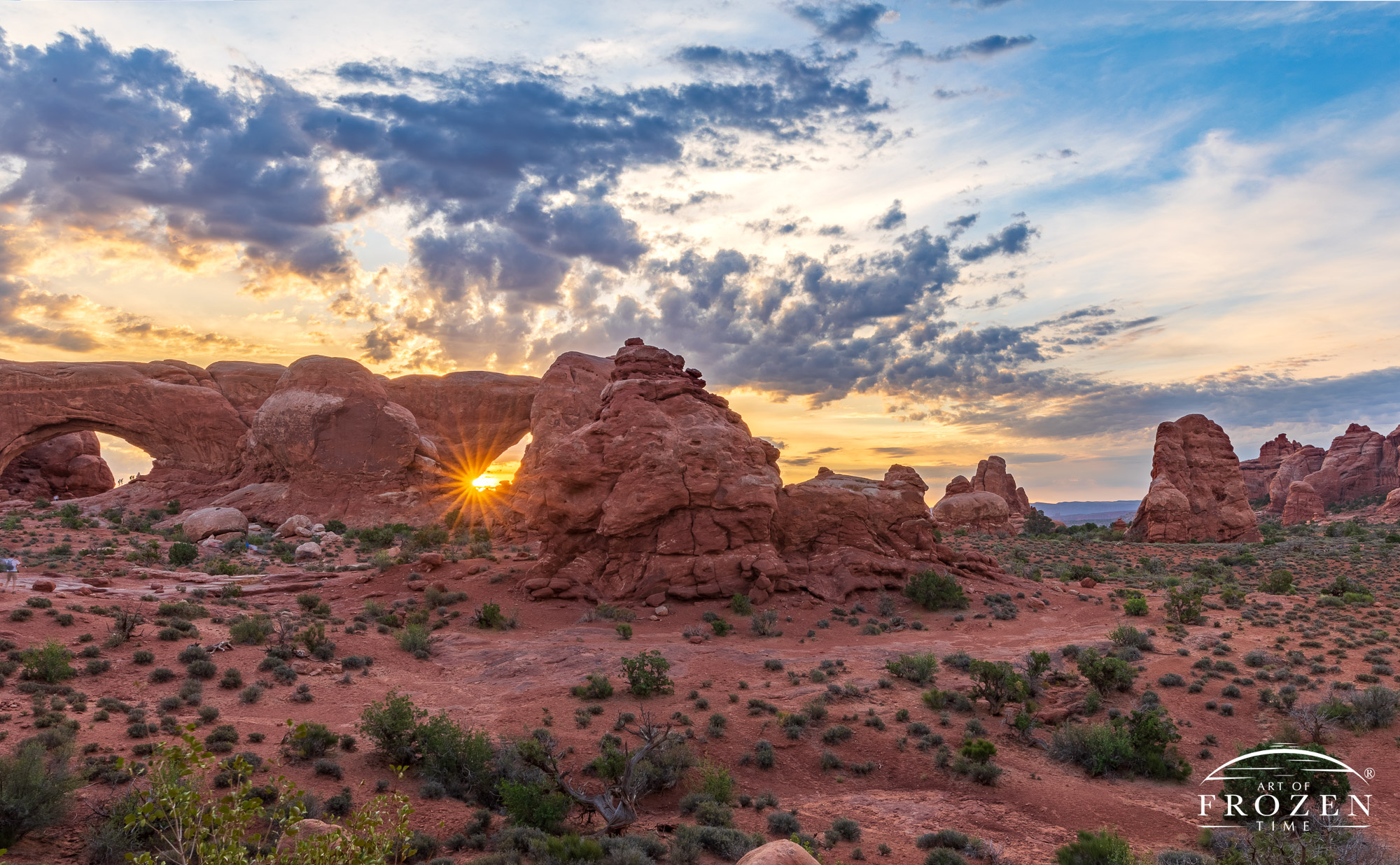 North & South Windows of Arches National Park’s at sunrise where the 2 adjacent formations form a pair of Spectacles