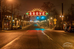 A nightscape of The Grove which serves as a cultural district of St Louis and this neon sign celebrates its main thorough fare