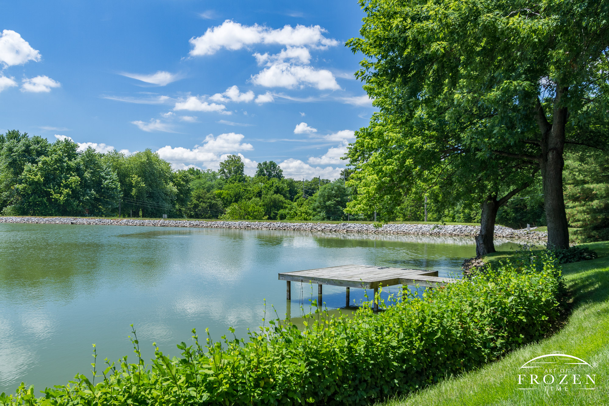 A view of a small dock extending into a pond which is surrounded by lush trees as puffy clouds float through the Illinois sky.
