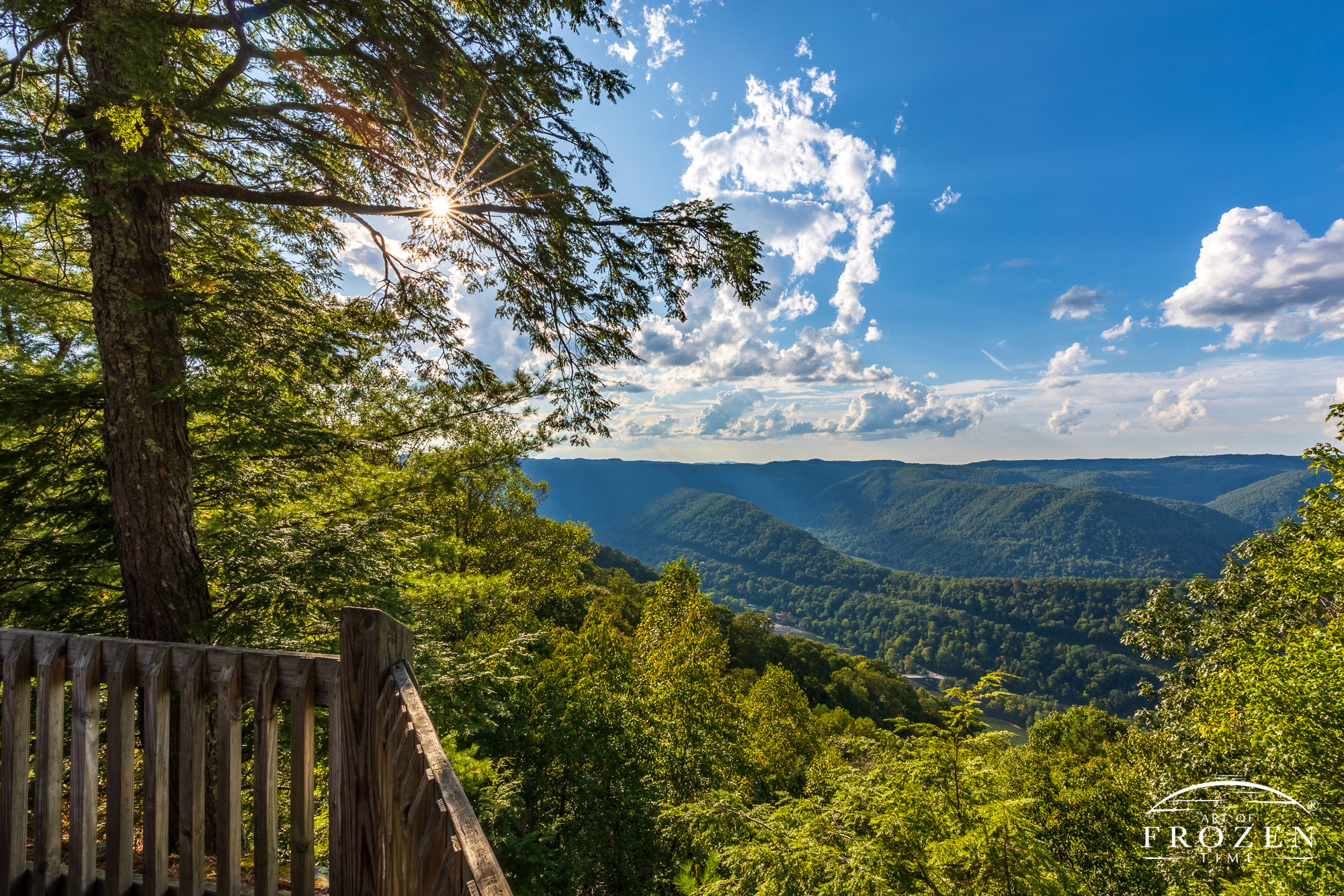 A view into the vastness of the New River Gorge National Park as the New River snakes through the mountains on a summer evening
