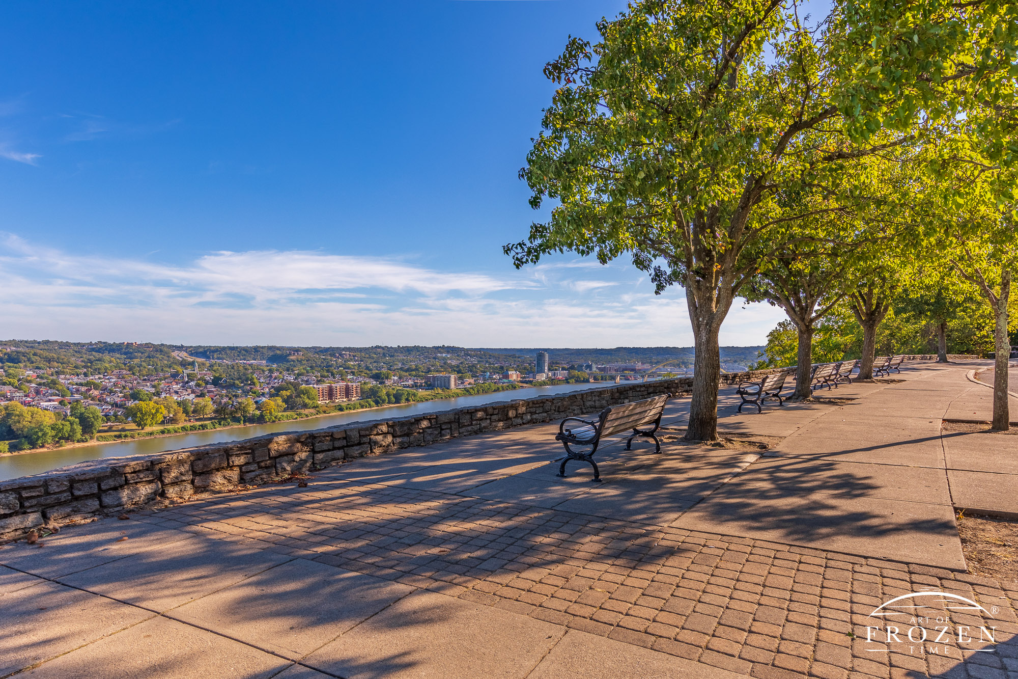 A stunning view from Twin Lake Overlook in Eden Park gives Cincinnati visitors a panoramic vista of the Ohio River and northern Kentucky