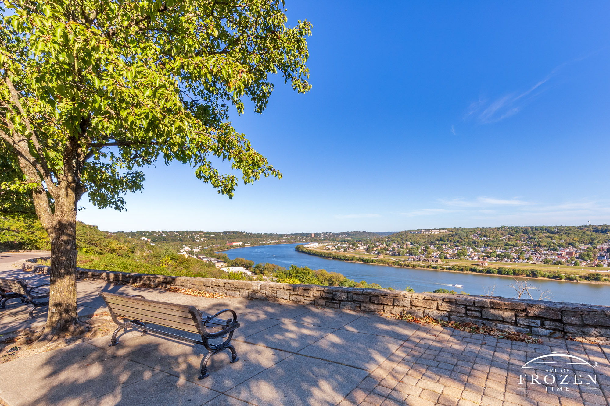A stunning view from Twin Lake Overlook in Eden Park gives Cincinnati visitors a panoramic vista of the Ohio River and northern Kentucky