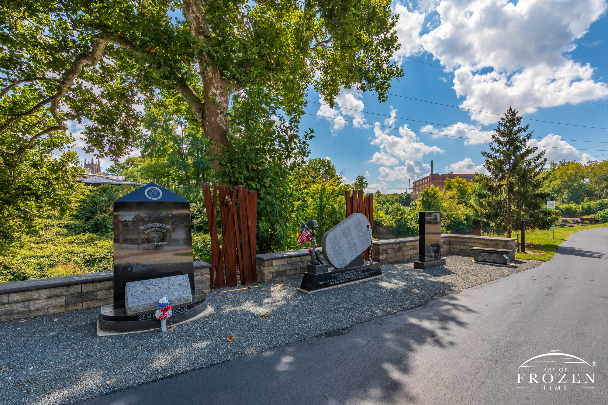 Three black granite monuments in the Springfield Veterans Memorial Park commemorating local Clark County Veterans