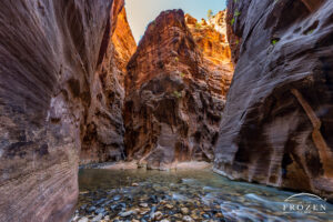 Along the Narrows in Zion Park, some visitors reached a massive sandstone formation which towers over the Virgin River