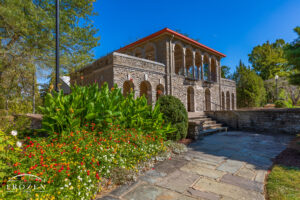 The Alms Park Pavilion east of Cincinnati built in Italian Renaissance style stands in pretty light on an early autumn day.