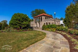 The stone pavilion at Alms Park on an early fall days under gorgeous light and skies.