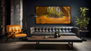 An AI room visualization featuring my fine art print of a panorama of Hocking Hills Ash Cave