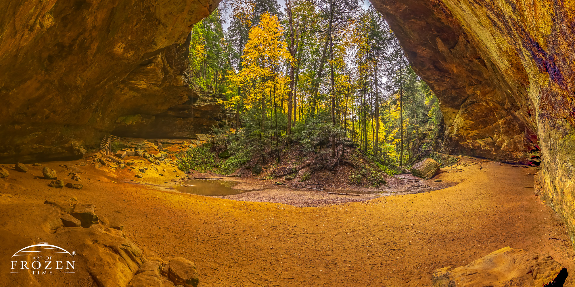 Ohio Fine Art photography panorama of Ash Cave in Hocking Hills capturing its vast size on a fall day