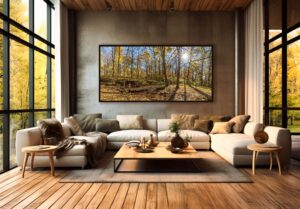 Greene County Ohio Fine Art photography as depicted in a modern room with large windows. The wall art captures a small waterfall near Yellow Springs Ohio.