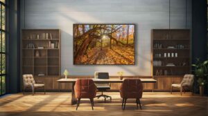 A corporate art room visualization featuring an autumn view of Dayton's tree tunnel at Sugarcreek MetroPark where sunrise backlit the fall-colored leaves