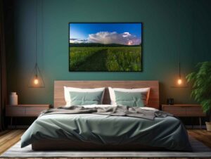 An AI room visualization featuring my fine art print of a thunderstorm at dawn over Morris Reserve near Bellbrook Ohio.