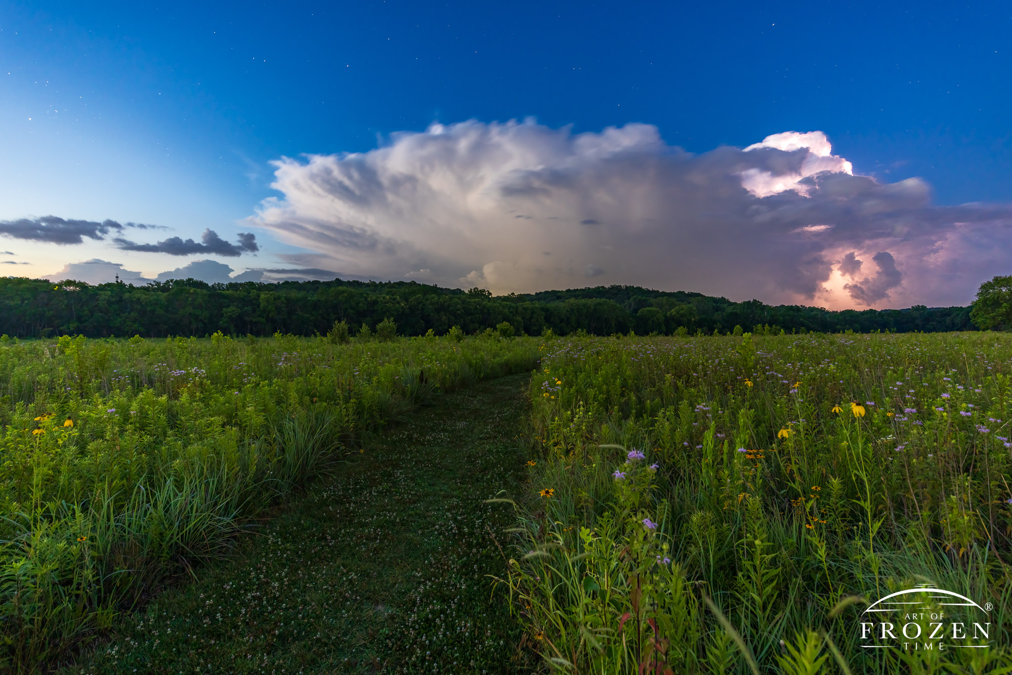 Greene County Ohio fine art photography featuring a morning thunderstorm over an tallgrass Prairie as Taurus and Jupiter rise in the dawn sky.