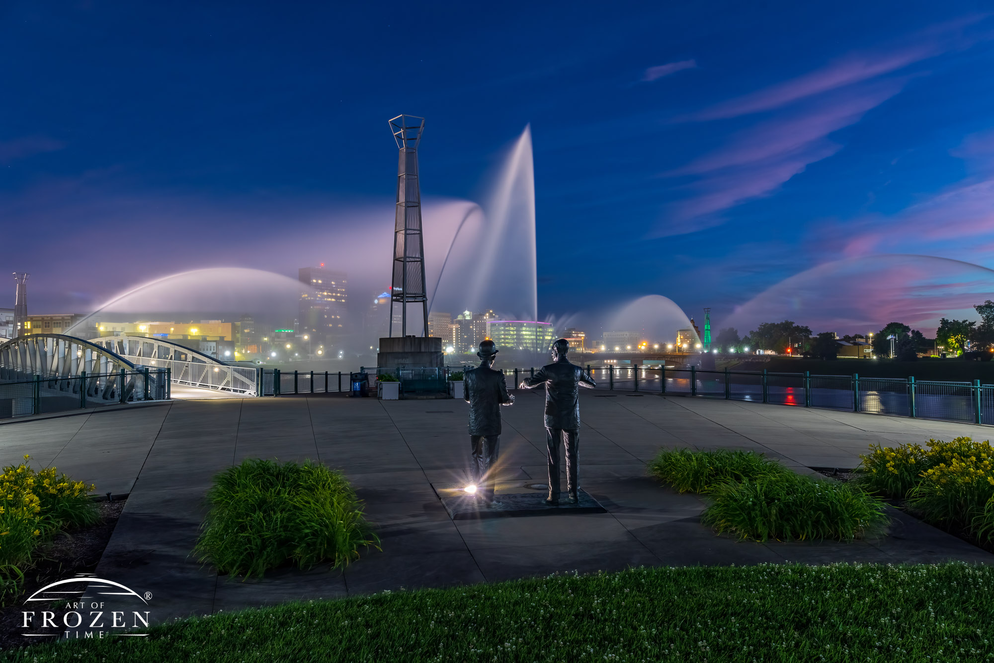 Dayton Fine Art Photography featuring Deeds MetroPark and the Dayton Fountain of Lights as a Wilbur and Orville Wright sculpture depicts the brothers discussing their wing warping technique