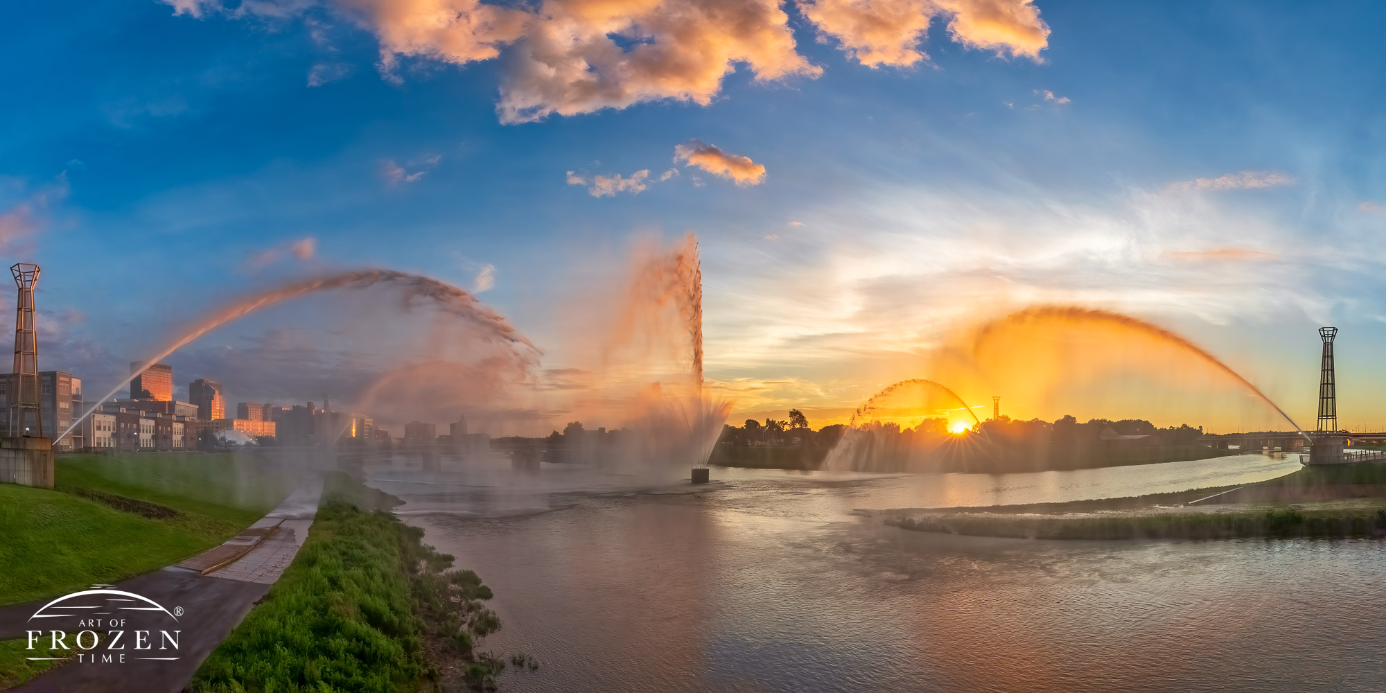 Dayton Fine Art Photography featuring the RiverScape MetroPark Fountain of Lights during a colorful sunset. A perfect print for Dayton Corporate Art
