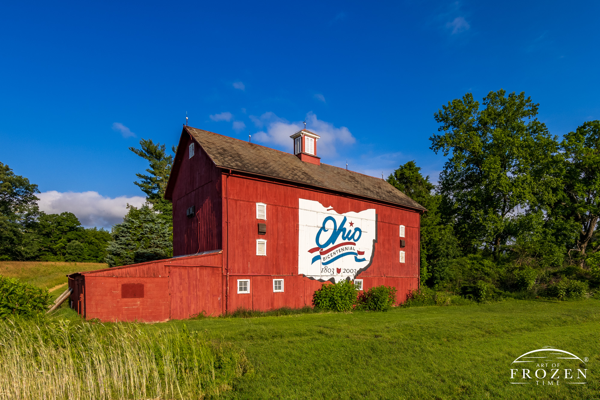 An Ohio art print of a 100-year-old barn painted with the Ohio Bicentennial logo. The morning light washes over the red barn and patriotic logo as puffy clouds float through the blue sky.