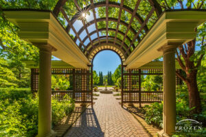 The sunset over this Wegerzyn Garden pergola serves as an example of fine art photography perfect for healthcare and corporate art.