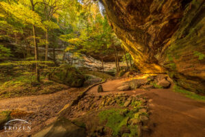 Fine art photography of Hocking Hills as autumn evening light illuminates the gorge in golden light near Old Man’s Cave