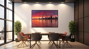 St Louis Missouri Office Art of the St Louis Arch (Jefferson National Expansion Memorial) and skyline during a colorful sunset with red and orange accents. The art print is original, but the meeting room scene was AI generated.