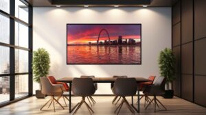 Artwork depicting the St Louis Skyline and Arch during a colorful sunset over the Mississippi. The artwork resides in an AI generate room as an art demonstration.