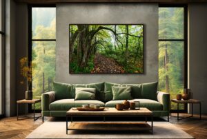Dayton fine art photography print featuring the Osage Orange tree tunnel,, as fog gathered near Centerville Ohio. The canvas print is featured as artwork hanging over an AI-generated living room sofa