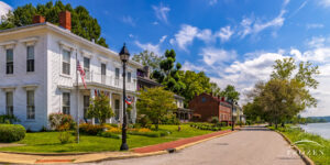 A row of antebellum homes along North Front Street of Ripley, Ohio with grand views of the Ohio River